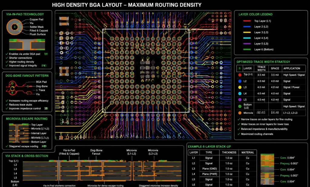 Advanced PCB routing showing via-in-pad, BGA fanout, and high-density trace patterns