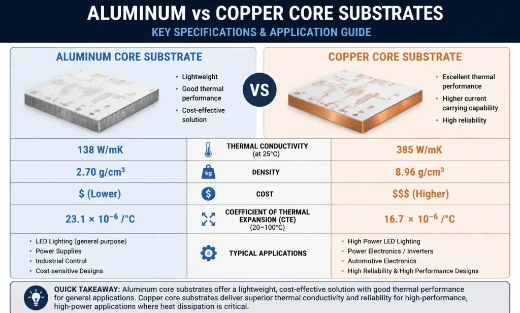 Side-by-side comparison of aluminum core vs copper core MCPCB properties and performance