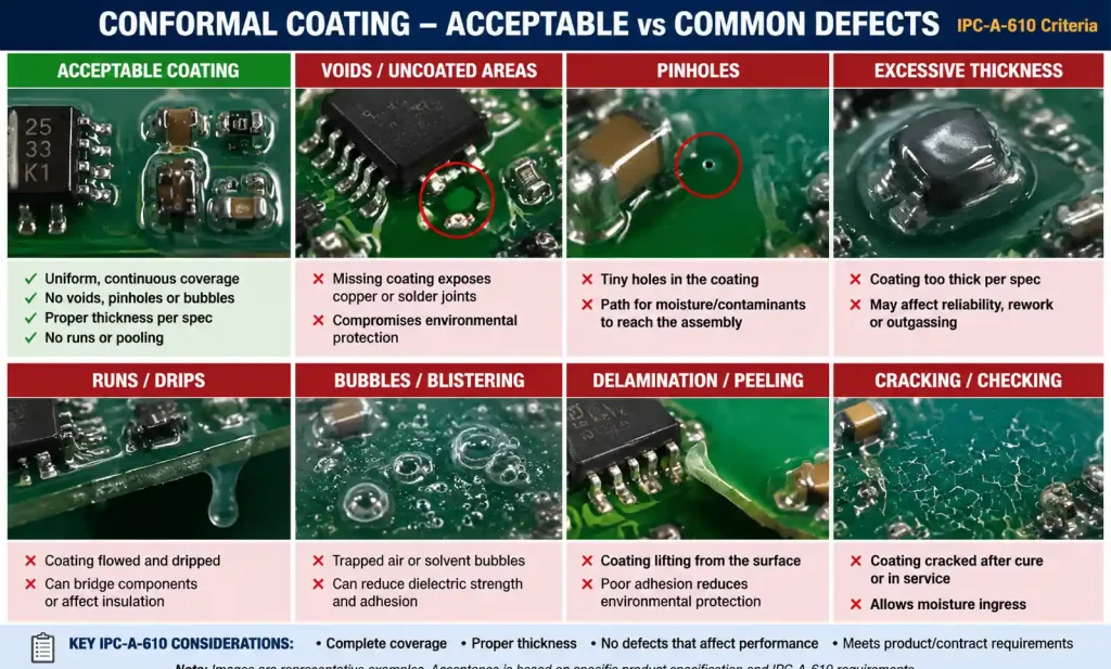 Common conformal coating defects including voids, bubbles, runs, and delamination