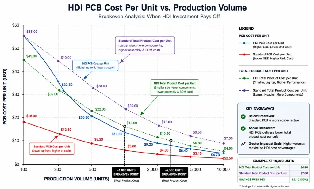 HDI PCB return on investment analysis graph by production volume