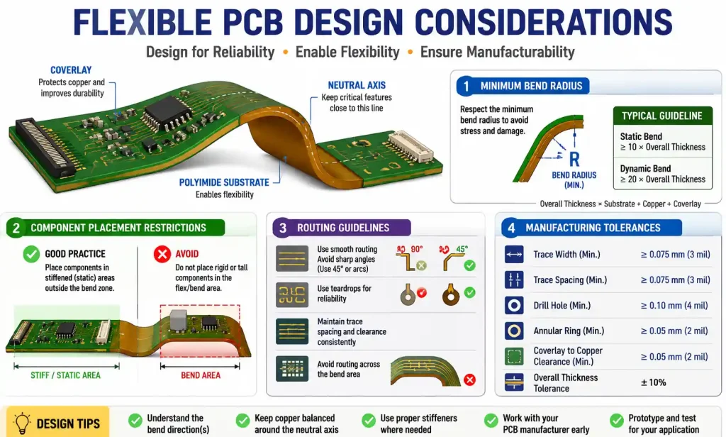 Technical diagram showing flexible PCB minimum bend radius and design constraints