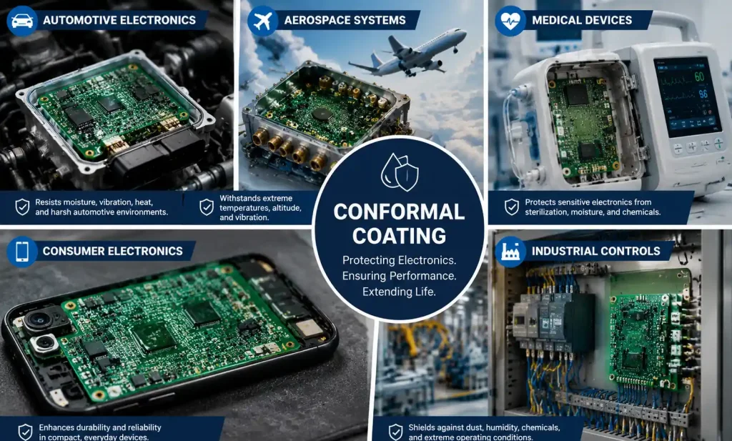 Various industries using IPC conformal coating standards - automotive, aerospace, medical, consumer electronics
