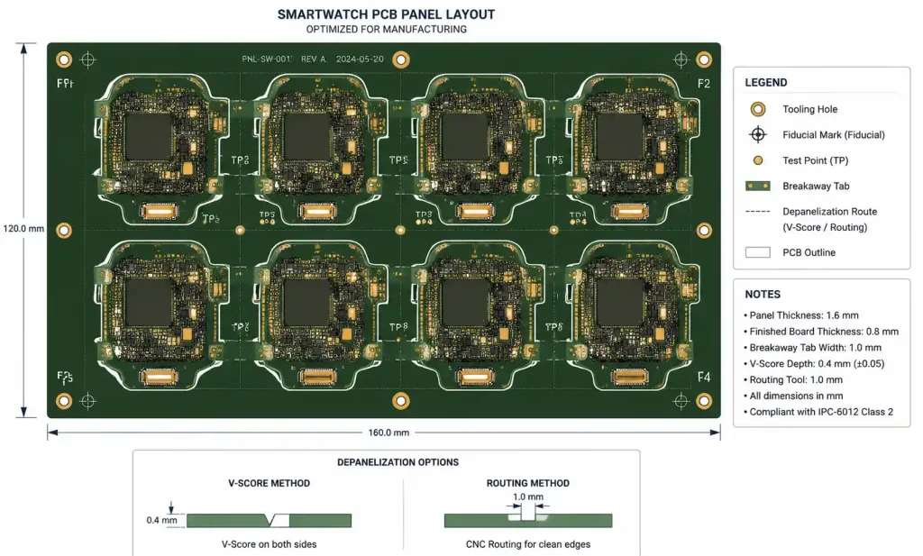 PCB manufacturing panel layout showing board placement, tooling holes, and fiducials