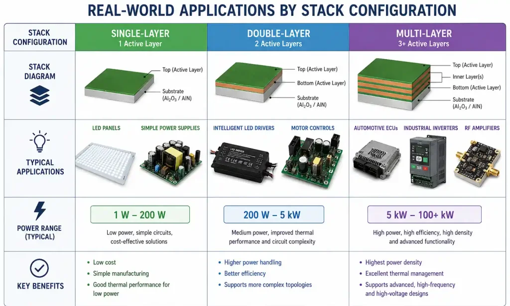 Application examples for single-layer, double-layer, and multi-layer MCPCB configurations