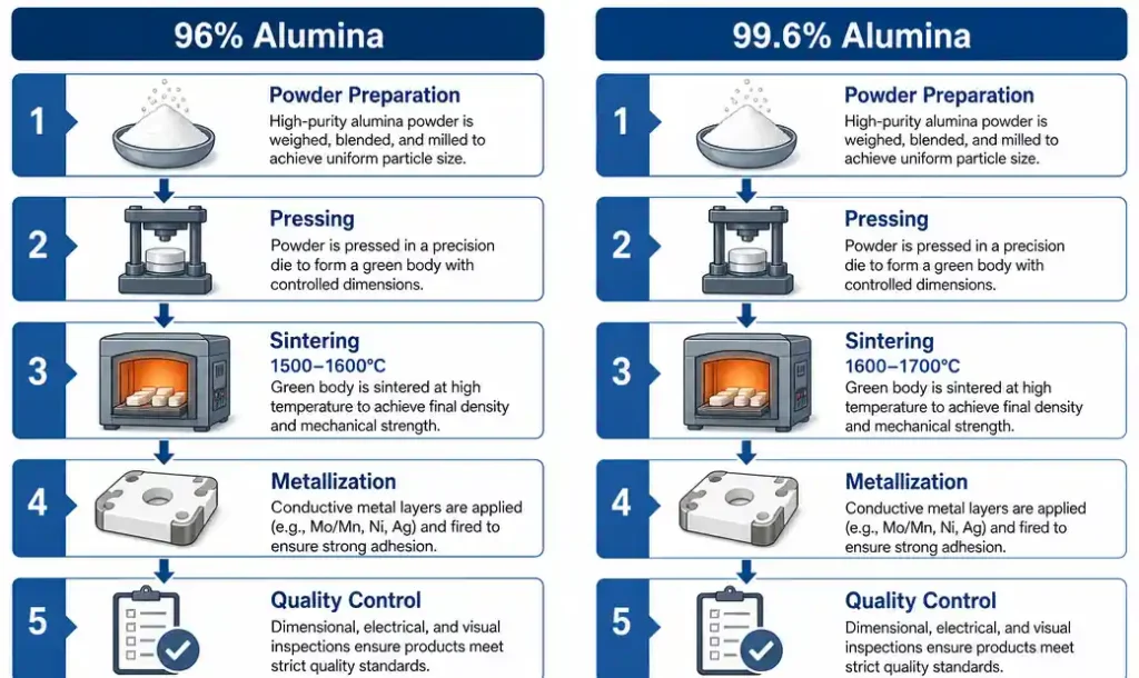 Manufacturing process comparison flowchart for alumina ceramic substrates