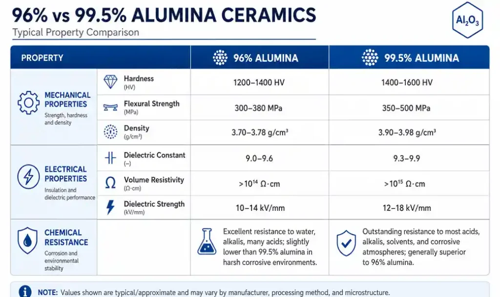 Technical specifications comparison table for 96% and 99.6% alumina