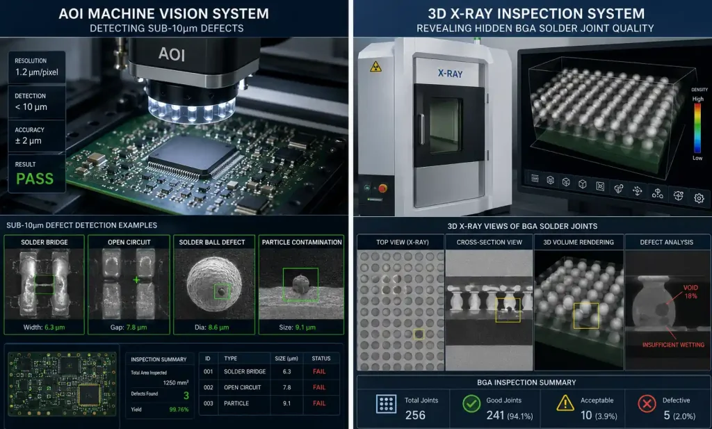 Automated optical inspection and 3D X-ray inspection systems examining small form factor PCB assemblies