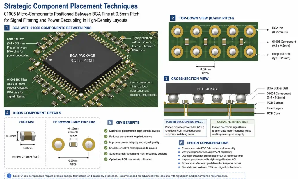 Strategic component placement diagram showing 01005 components between BGA pins for optimal signal filtering
