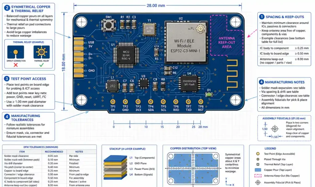 Design for Manufacturing principles applied to small form factor PCB layouts with proper spacing and test points