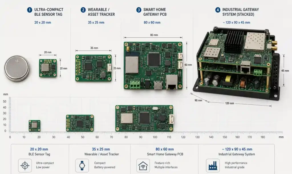 Comparison of different small form factor IoT PCB assemblies ranging from 20mm BLE sensors to multi-board industrial gateways