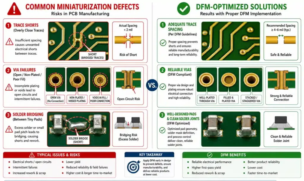 Side-by-side comparison of common PCB miniaturization defects and their solutions with DFM principles