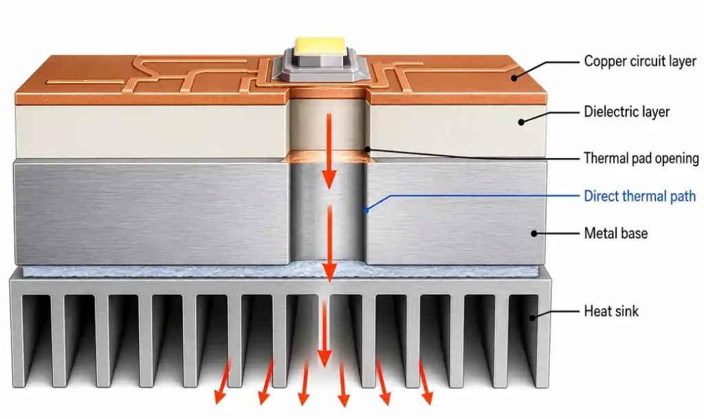 Cross-section diagram of sink thermal pad MCPCB showing direct thermal connection from component to heat sink