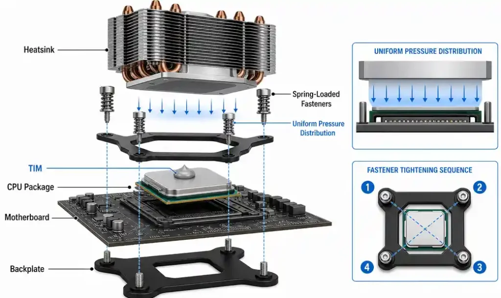Assembly diagram showing proper thermal interface material application between MCPCB and heat sink