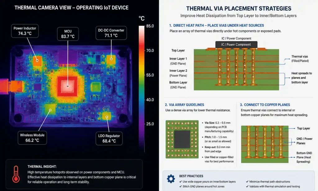 Thermal imaging and thermal via placement diagram for compact IoT PCB heat dissipation