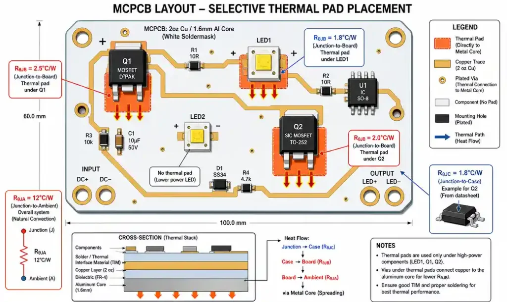 PCB layout showing strategic thermal pad placement under high-power components