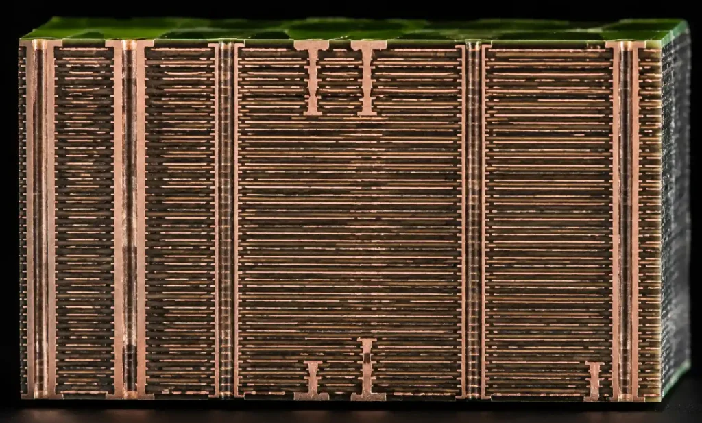 Cross-section view of a 50-layer PCB showing multiple copper layers and dielectric materials