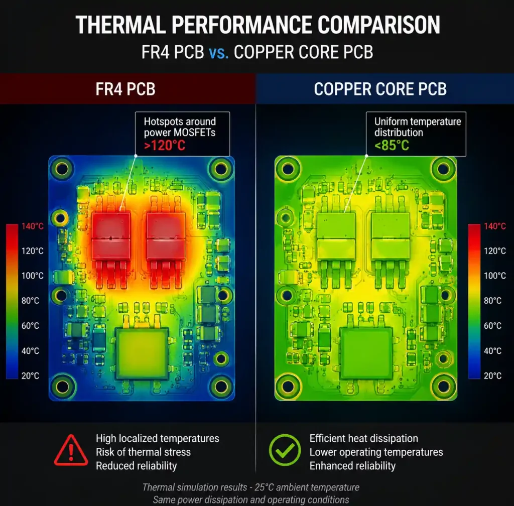 FR4 vs copper core PCB thermal distribution in audio amplifier showing hotspot reduction