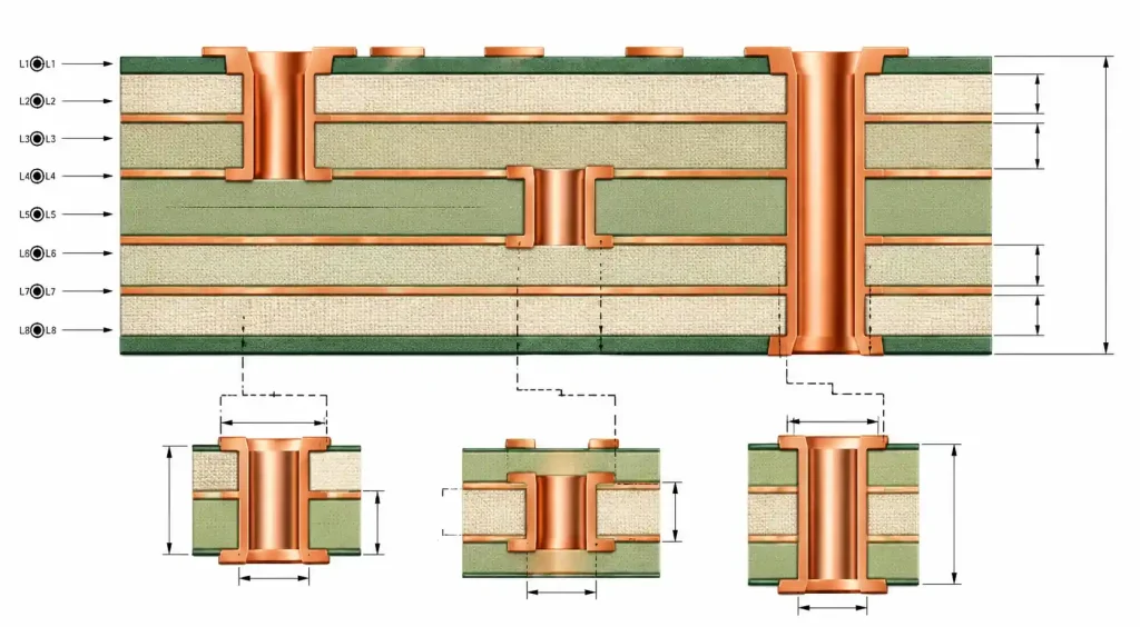 Cross-section diagram showing blind via and buried via structure in multilayer PCB