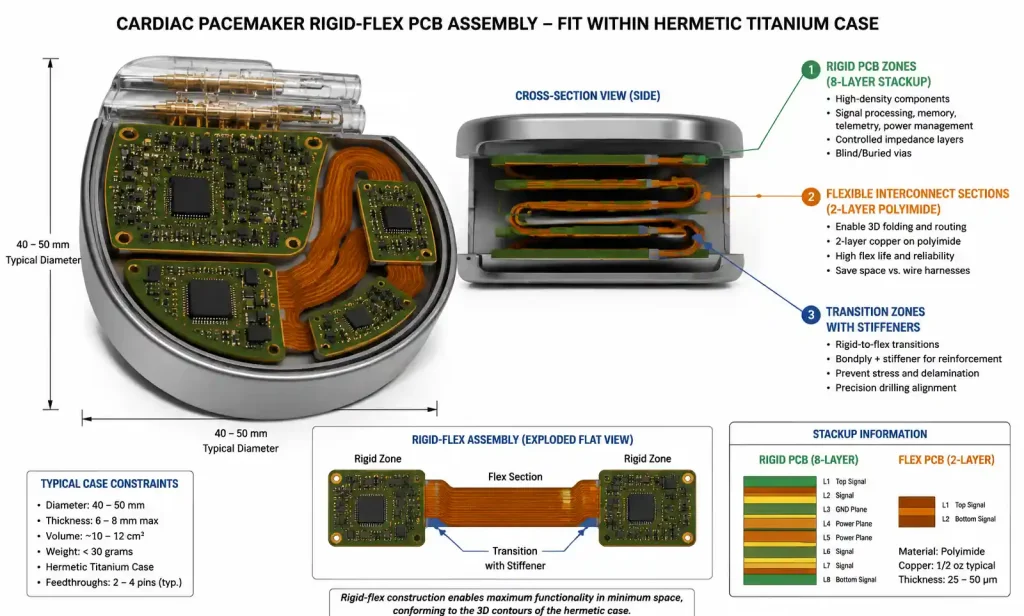 Cardiac pacemaker rigid-flex PCB assembly showing 3D folded structure for hermetic titanium case integration