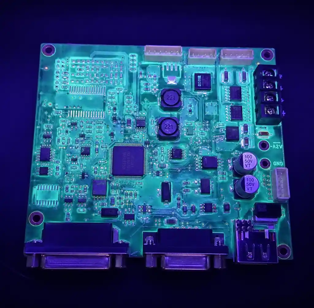Conformal-coated PCB glowing under 365nm UV light showing full coating coverage over components