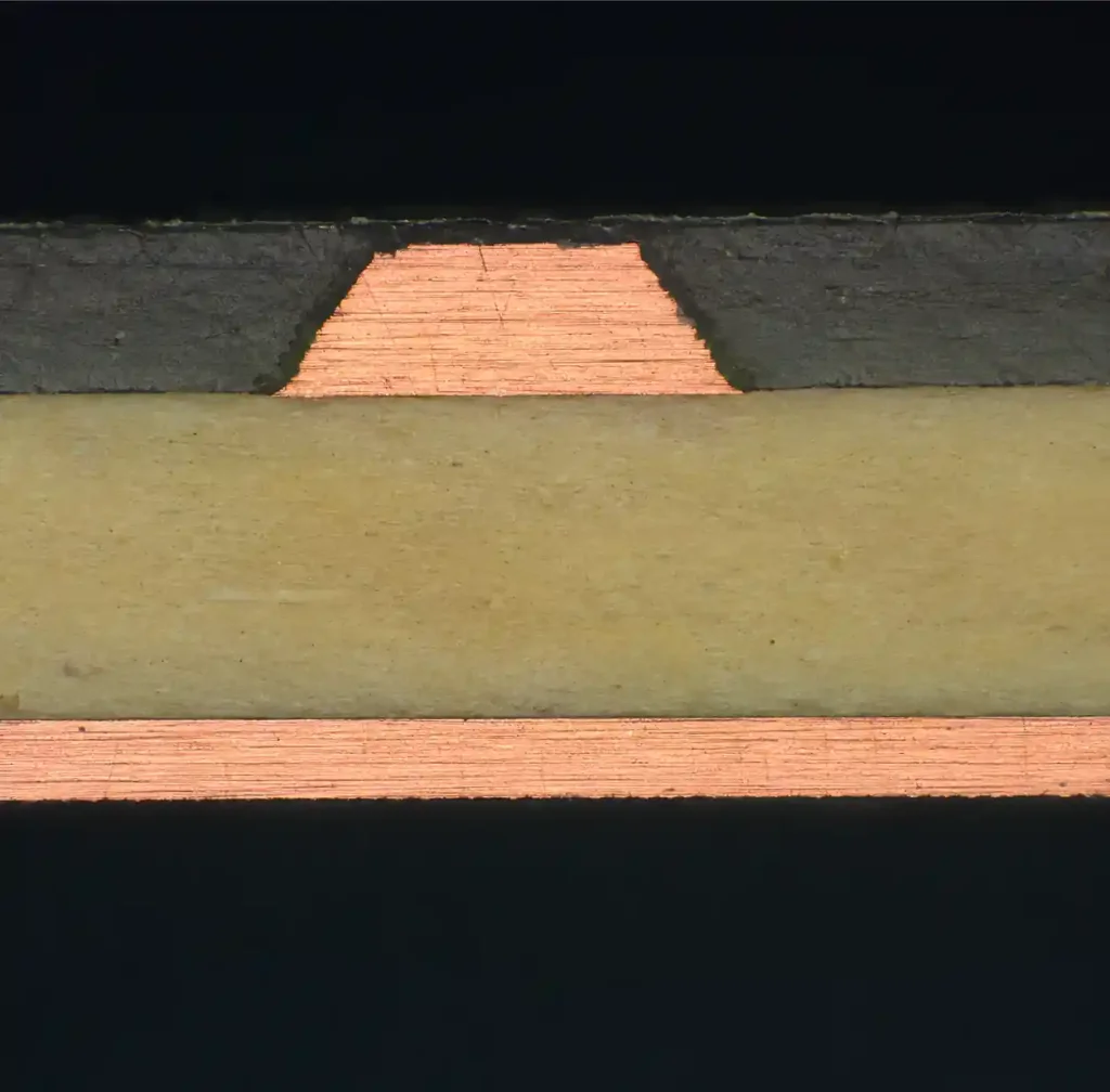 Cross-section of a controlled impedance PCB trace showing copper conductor, dielectric, and reference plane