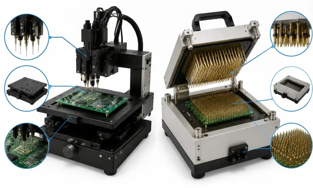Flying probe testing system with dual moveable probes versus fixture bed-of-nails tester comparison