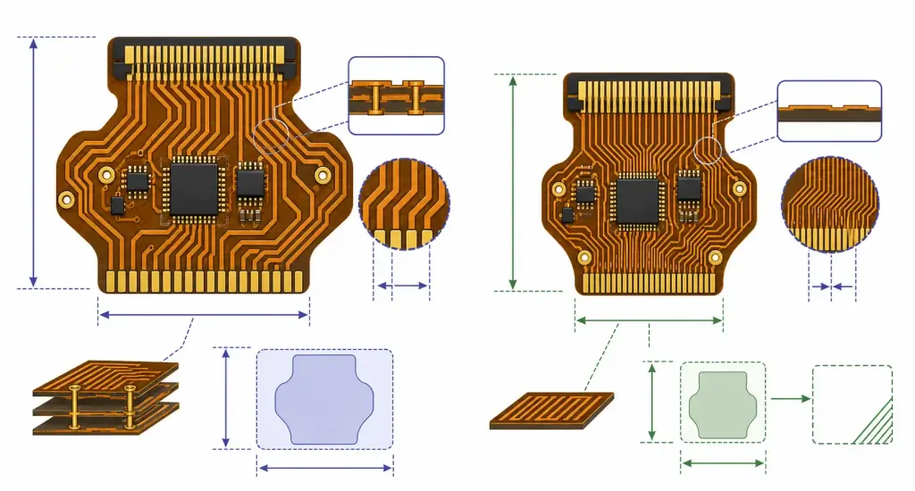 FPC routing density comparison showing 0.05mm vs 0.1mm line width spacing on smartphone camera module
