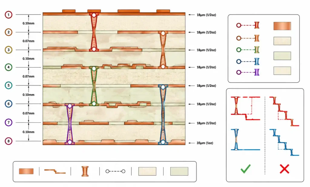 HDI PCB Any Layer interconnection stackup diagram showing stacked microvia structure