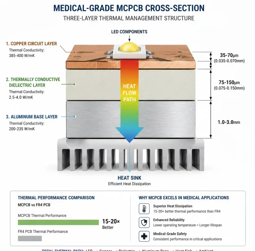 Metal core PCB layer structure showing copper circuit, dielectric layer, and aluminum base for medical equipment thermal management