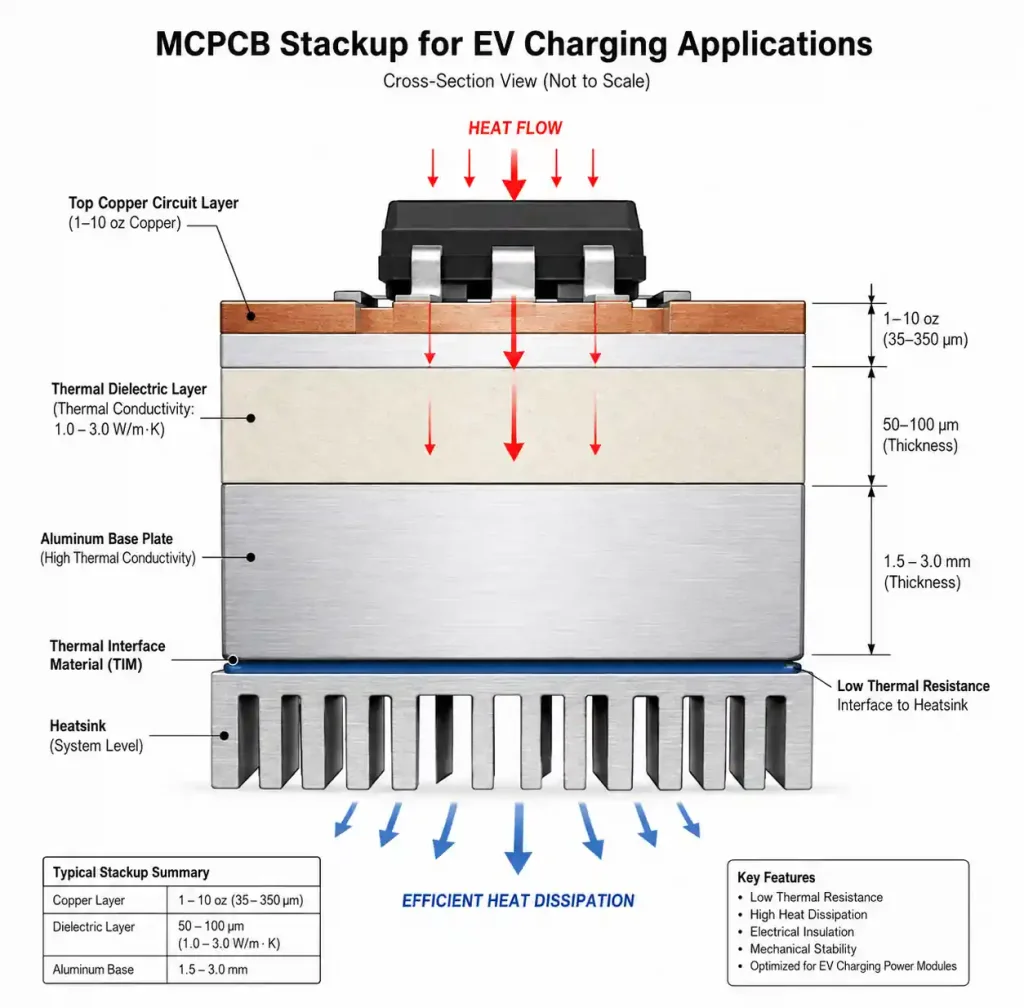 Metal core PCB stackup showing copper circuit layer, thermal dielectric, and aluminum base plate with thermal conductivity annotations