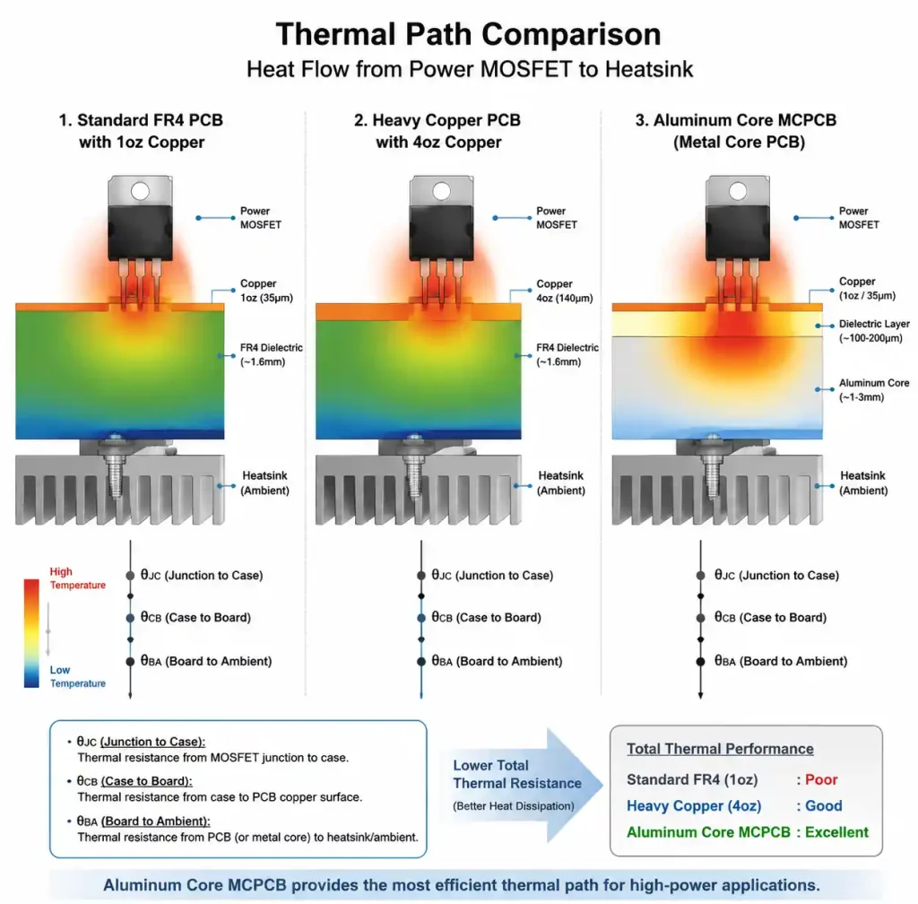 Heavy copper PCB vs metal core PCB thermal dissipation comparison for industrial motor drivers