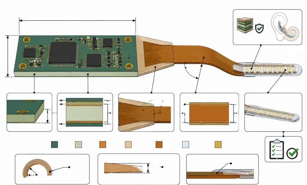 Rigid-flex PCB hybrid structure for cochlear implant showing rigid component area and flexible electrode array tail