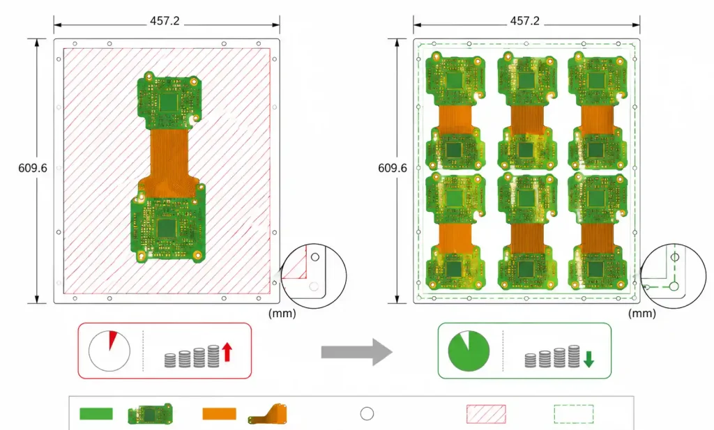 Rigid-flex PCB panel utilization comparison showing prototype single-up vs volume 6-up array configuration