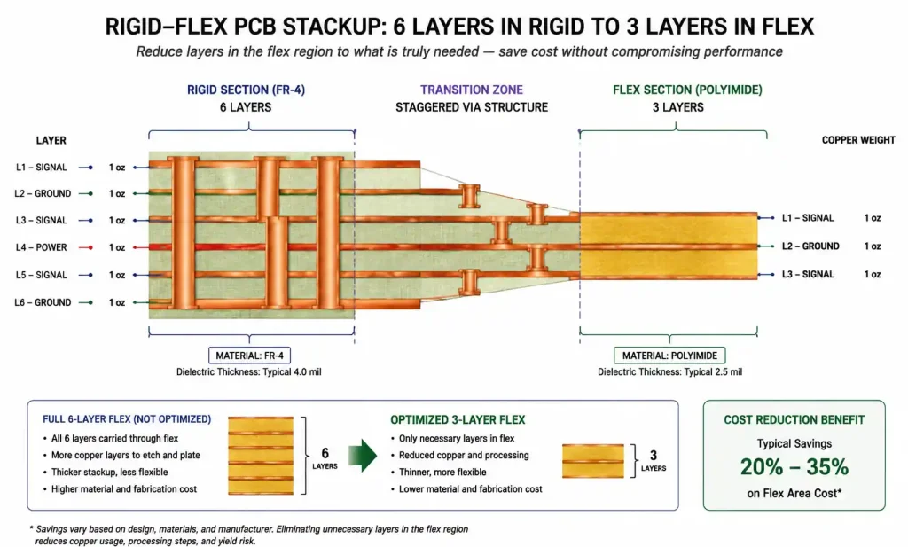 Rigid-flex PCB stackup showing layer transition from 6-layer rigid to 3-layer flex section