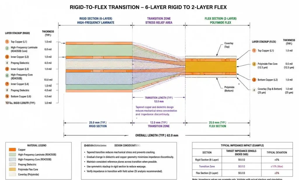 Cross-sectional view of rigid-flex PCB transition zone showing stackup layers from rigid to flexible section