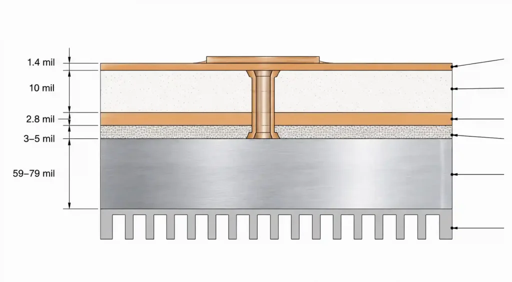 Rogers 4350B metal core PCB stackup cross-section showing RF layer, dielectric thickness, ground plane, thermal adhesive, and aluminum core with dimensional annotations