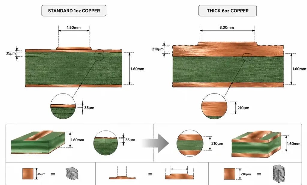 Comparison of 1oz vs 6oz copper PCB cross-section showing increased copper thickness for high current handling