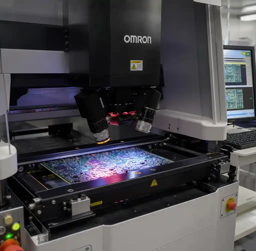 3D automated optical inspection AOI machine scanning a populated PCB with structured light