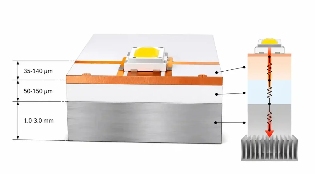 Aluminum PCB layer stackup showing copper circuit dielectric and metal core