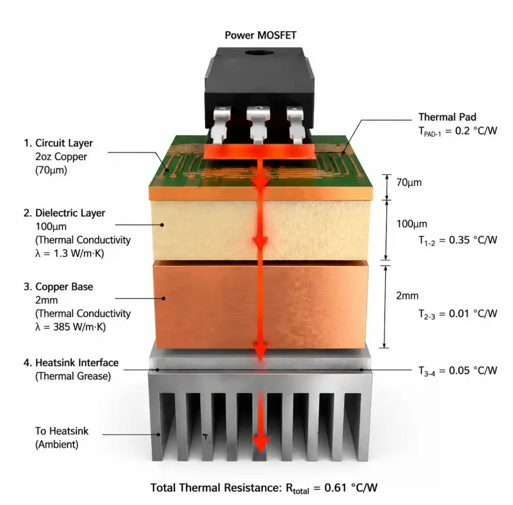 Copper core PCB cross-section showing heat conduction path from MOSFET to heatsink