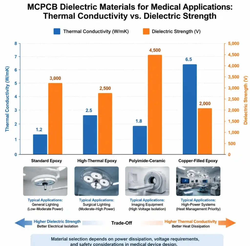 Thermal conductivity comparison of MCPCB dielectric materials for medical applications including epoxy and polyimide option