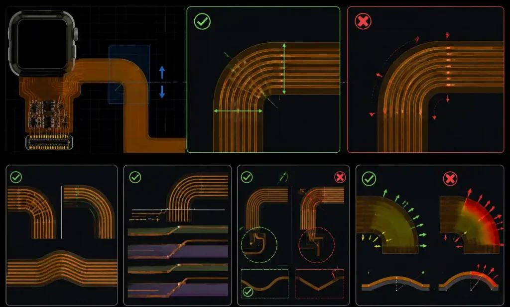 PCB trace routing patterns for flexible circuits showing perpendicular and parallel bend orientations