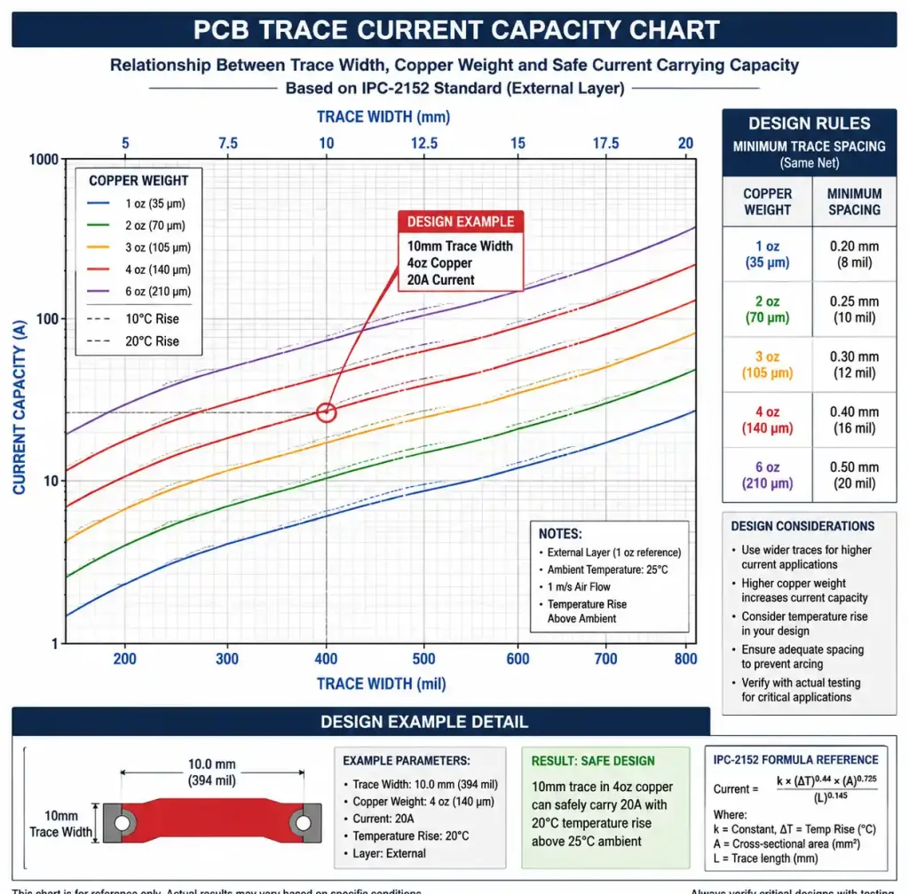 Heavy copper trace width and current carrying capacity design chart for motor control PCBs