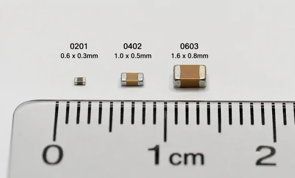 IoT PCB component size comparison showing 0201 and 0402 passives