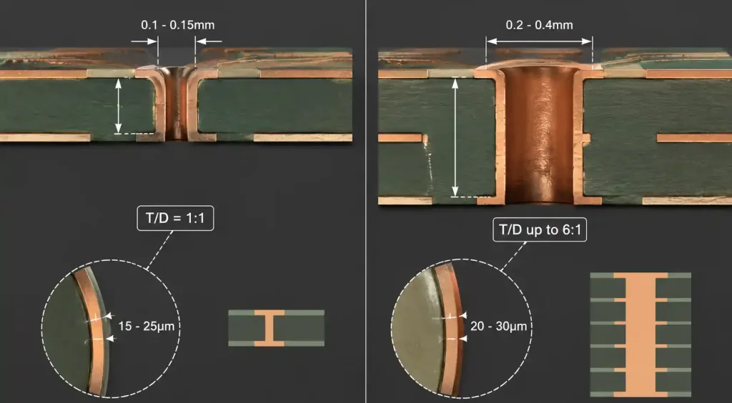 Comparison of laser-drilled microvia and mechanically drilled blind via showing size and depth differences