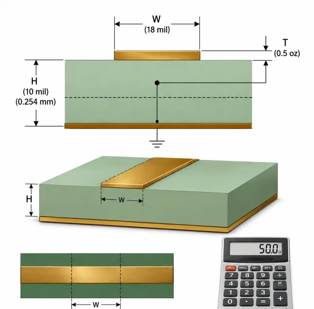 50-ohm microstrip trace geometry on Rogers 4350B showing trace width, dielectric height, ground plane, and dimensional parameters for impedance calculation