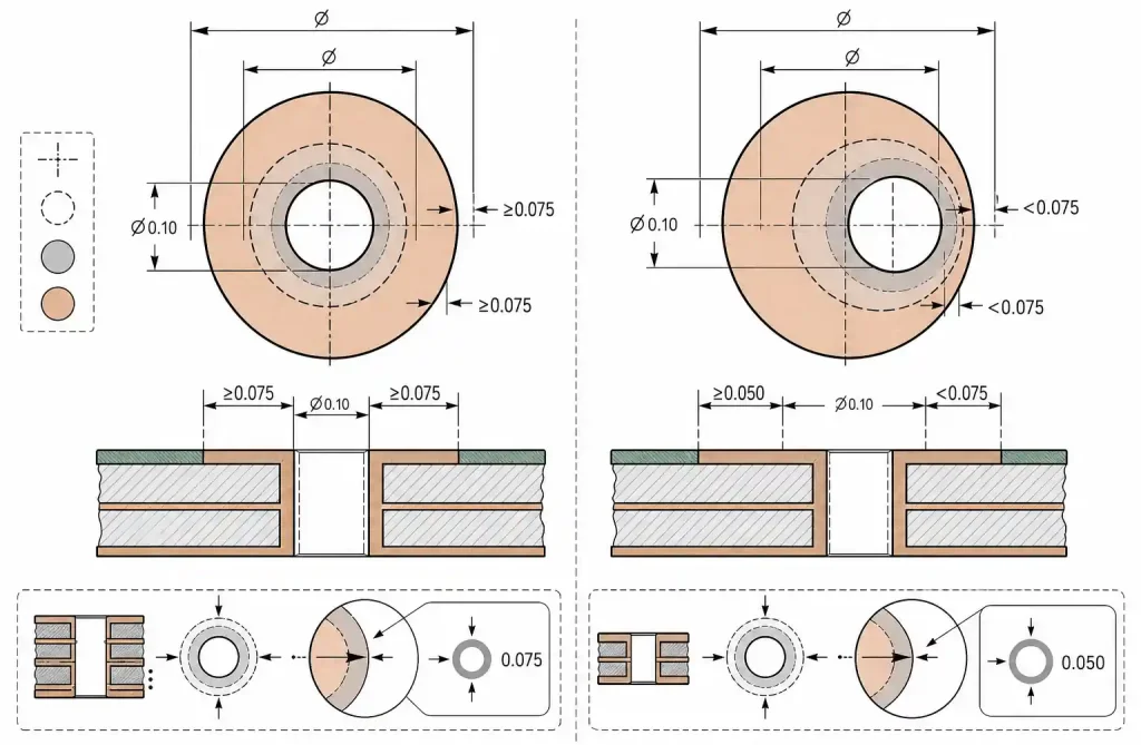 Microvia annular ring design showing misregistration tolerance requirements