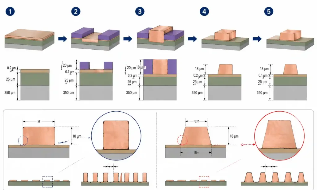 mSAP manufacturing process flow showing copper seed layer and additive plating steps