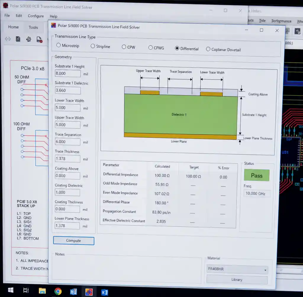PCB impedance field solver software showing trace width, dielectric height, and calculated Z0 value
