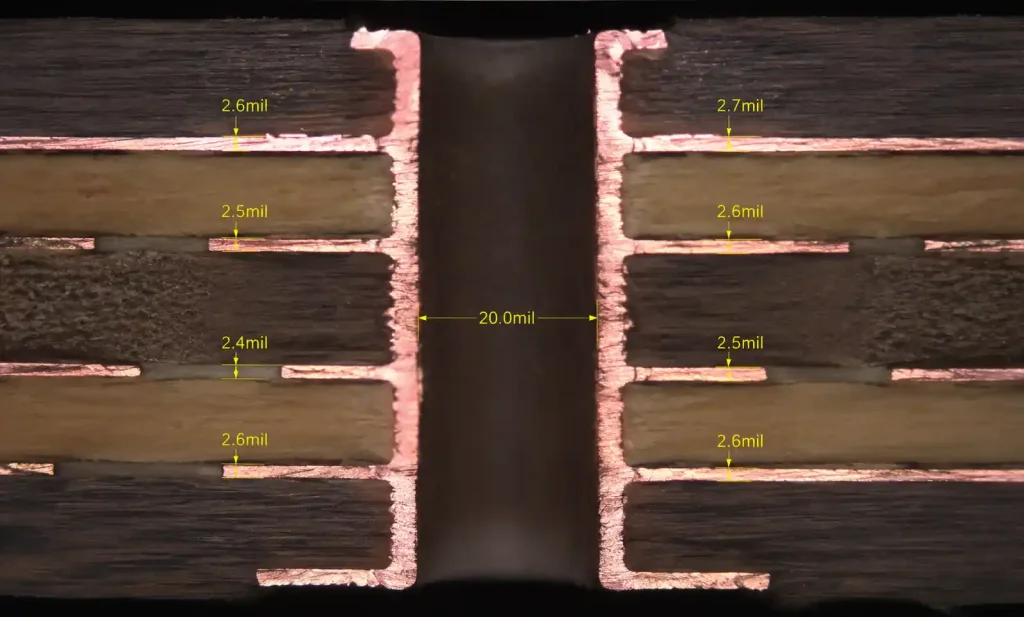 PCB microsection showing annular ring and plating thickness for Class 3 inspection